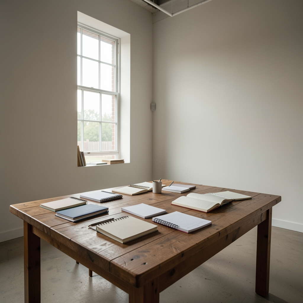 Quiet editorial studio interior with a long wooden table, scattered notebooks, and morning light from a tall north-facing window