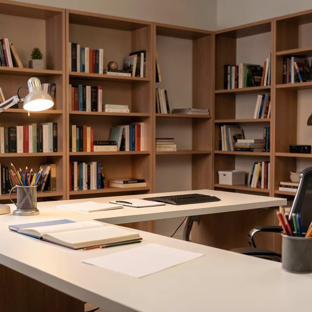 Studio photograph of Tobias Marsden in a clean workspace with bookshelves visible in the background, warm controlled lighting