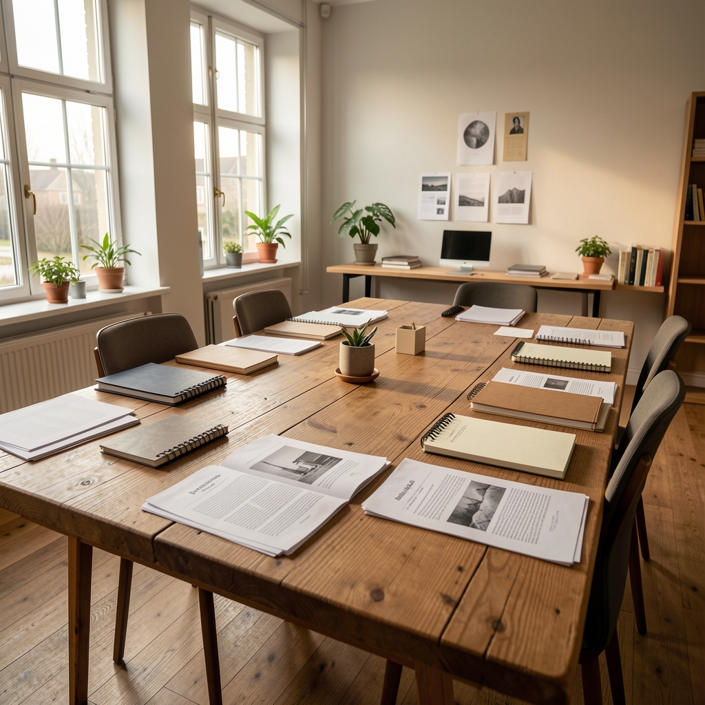 Wide shot of the Karnoval Notebook editorial room with a long oak table, notebooks and printed research papers spread across the surface, afternoon light