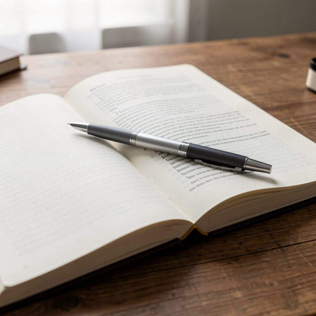Close detail shot of an open research journal on a wooden desk, pen resting across the page, soft diffused daylight from above