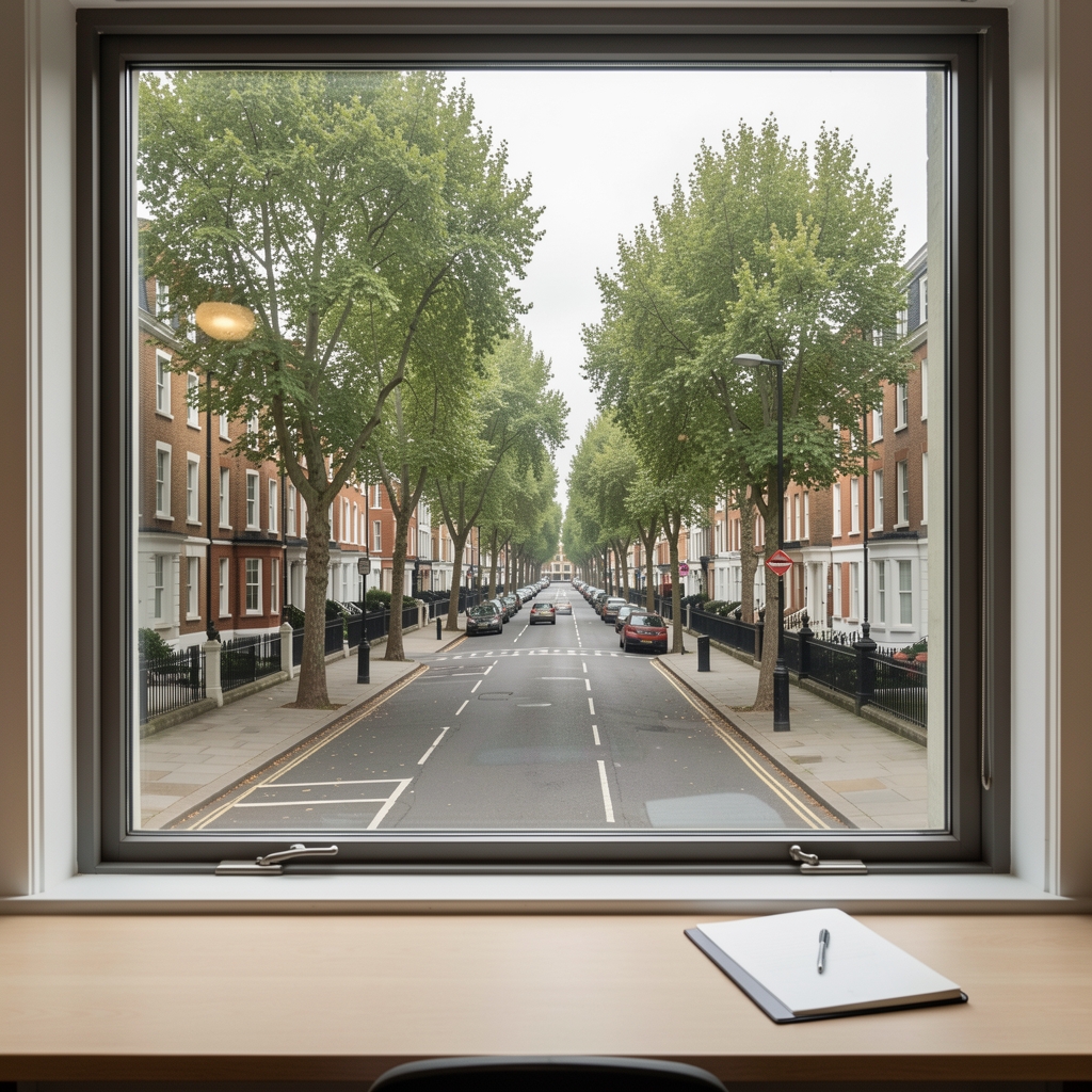 View from editorial office window looking out onto a quiet London street with mature trees, overcast sky providing even ambient light