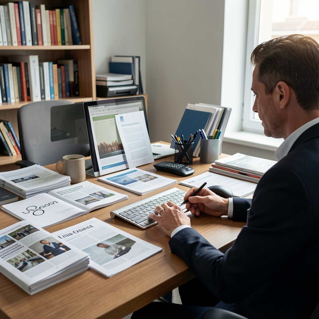 Editorial workspace with research materials, printed journal articles, and a journalist's handwritten notes under warm studio lighting