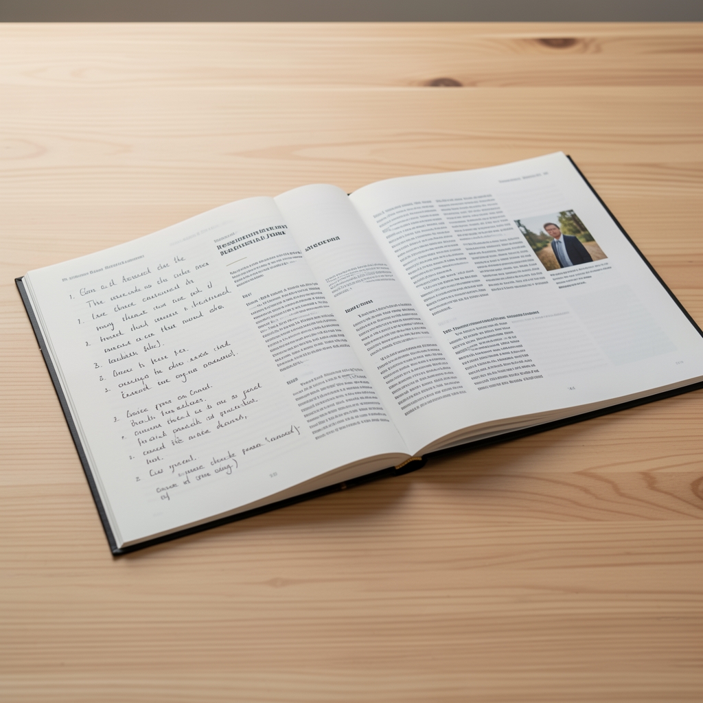 Open research journal with handwritten notes and printed pages spread across a clean wooden desk surface