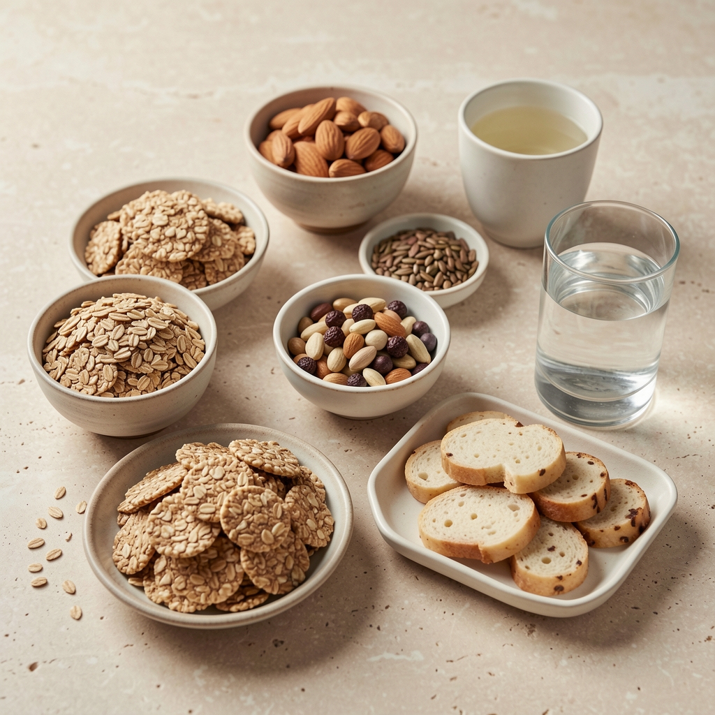Organised breakfast spread with whole grain foods, seeds, and a glass of water laid out on a light stone surface