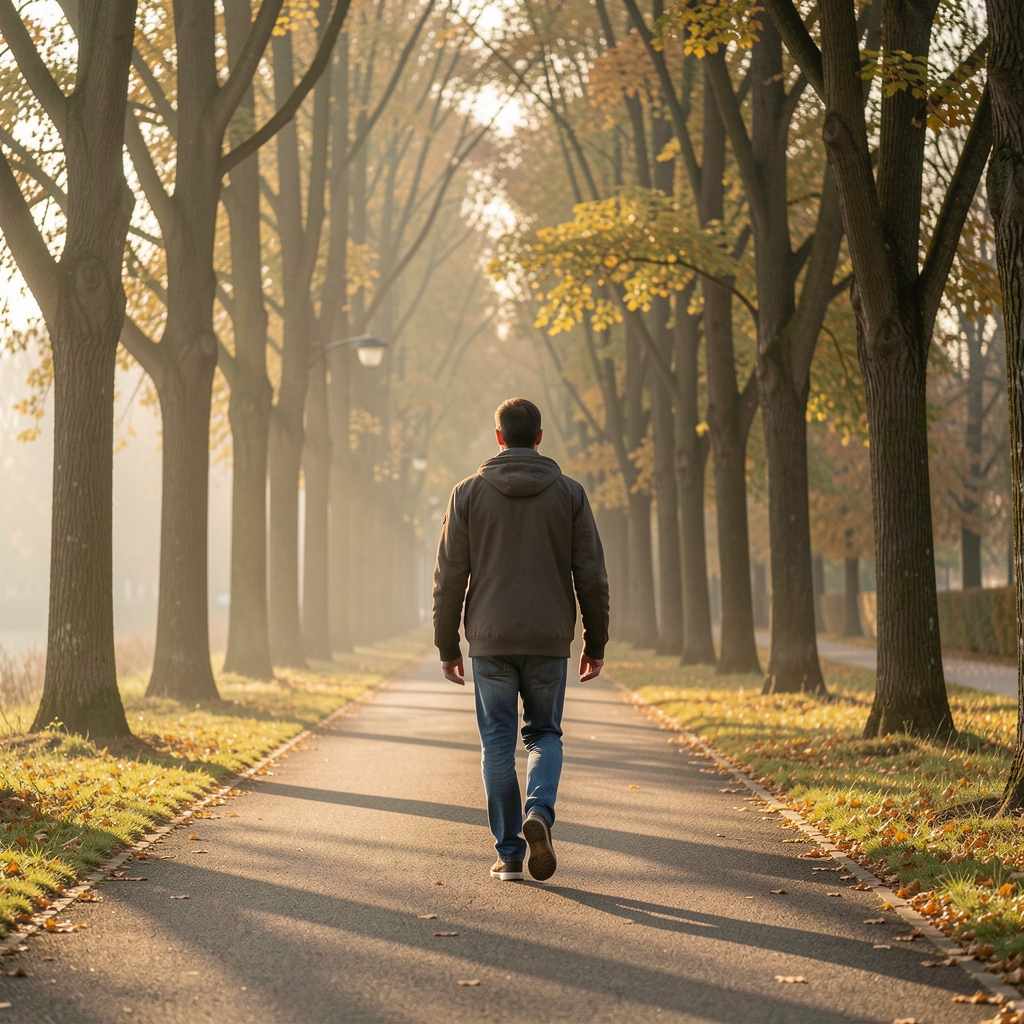 Person walking on a quiet tree-lined path in early morning light, seen from a relaxed documentary perspective