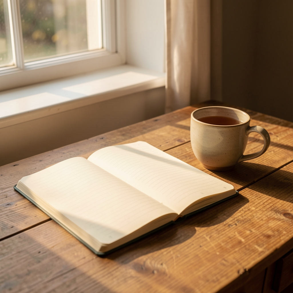 Quiet morning workspace with open notebook, ceramic cup of tea, and warm window light illuminating a wooden desk